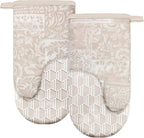 Thumb Oven Mitts, Heat and Slip Resistant Silicone Kitchen Mittens 2-Pack Set, Khaki Patchwork Flower Soft Long Oven Gloves, Flexible Thick Potholders for Safe Baking Cooking and Grill(Khaki)