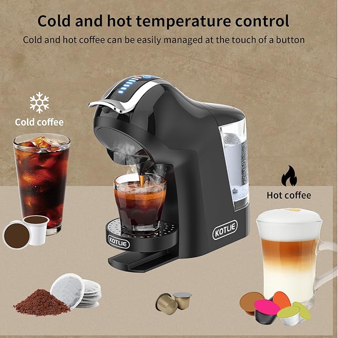 Hot&Cold brewing Single Serve Coffee Maker for K*eurig K*cup, Small Espresso Coffee Machine for D*olce G*usto/N*es Original/Ground Coffee/44mm ESE, adjustable TEMP&Water Volume, 1LRemovable Reservoir