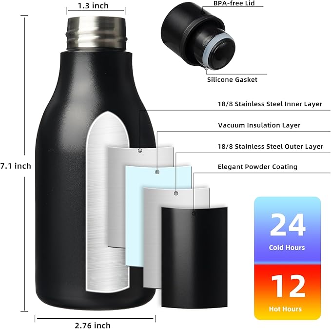 BJPKPK Insulated Water Bottles, 12oz Stainless Steel Metal Water Bottle with Strap, BPA Free Leak Proof Thermos, Mugs, Flasks, Reusable Water Bottle for Sports & Travel, Black