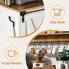 4ever2buy Farmhouse Coffee Bar Cabinet with 6 Hooks, 47'' Kitchen Coffee Bar with Hutch and 9 Wine Racks, White Sideboard Buffet with Sliding Barn Door for Dining Living Room