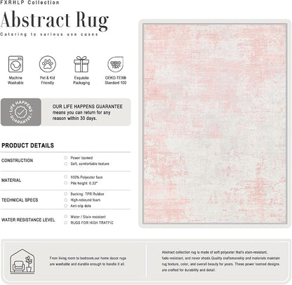 2.6x8 Washable Runner Rug：Modern Abstract Soft Carpet Pink White | - Image 3