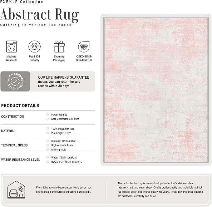 Area Rug Living Room: 3x5 Modern Washable Soft Carpet Pink White | - Image 2