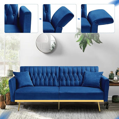 70” Velvet Futon Sofa Bed w/Adjustable Armrests and Backrest, Convertible Futon - Image 6
