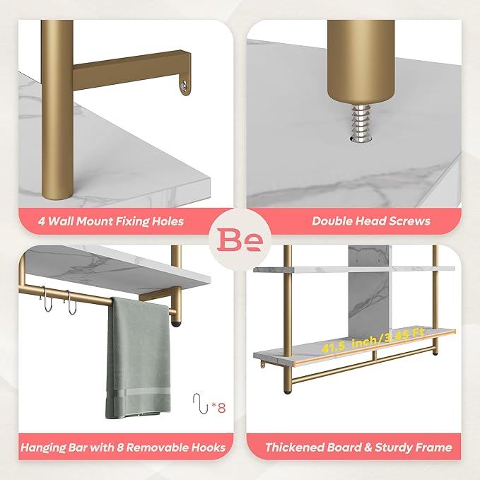 Bestier Kitchen Shelves Wall Mounted Floating Pipe Shelving 3 Tier 41.5" Coffee Bar Shelf with Holder Wall Display Storage Rack Kitchen Organization and Home Decor, White Faux Marble