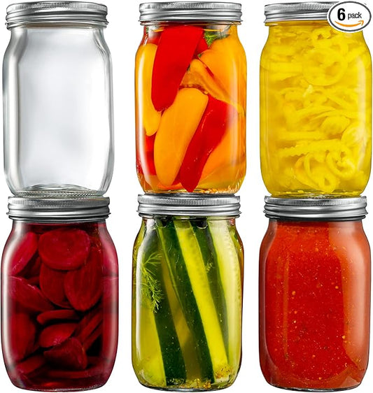 [6 Pack] 32 oz. Wide-Mouth Glass Mason Jars with Metal Airtight Lids and Bands 1 quart Large for Canning, Preserving, & Meal Prep