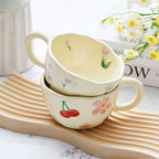 Vesici 2 Pcs Ceramic Coffee Mugs Flower Cups with Spoon Vintage Floral Mugs with Handle 8.5 oz Aesthetic Tea Porcelain Cup Gift for Valentine Office Home, Dishwasher and Microwave Safe(Cherry)