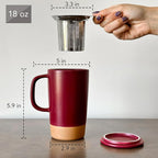 Mora Ceramics Large Tea Mug with Loose Leaf Infuser and Ceramic Lid, 18 oz, Portable, Microwave and Dishwasher Safe, Tall Coffee Cup - Rustic Matte Ceramic Glaze, Modern Herbal Tea Strainer, Merlot
