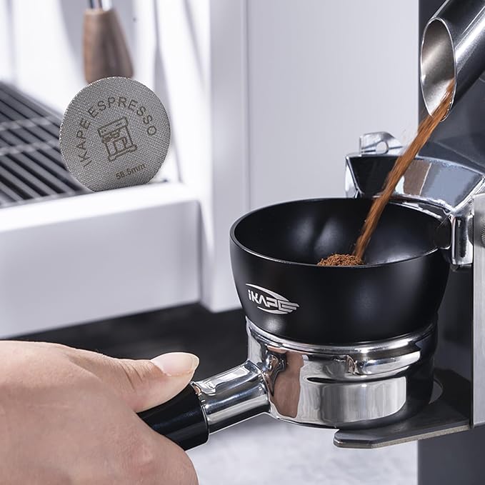 IKAPE Magnetic Dosing Funnel Set, 58MM Espresso Dosing Ring & Puck Screen Kit Compatible with 58MM Bottomless Portafilter - with 10 Small Magnet (Black)