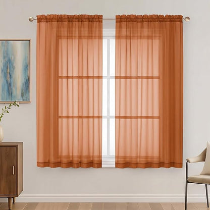 Orange Sheer Curtains 63 Inches Long 2 Panels Set, Light Filtering Sheer by OVZME