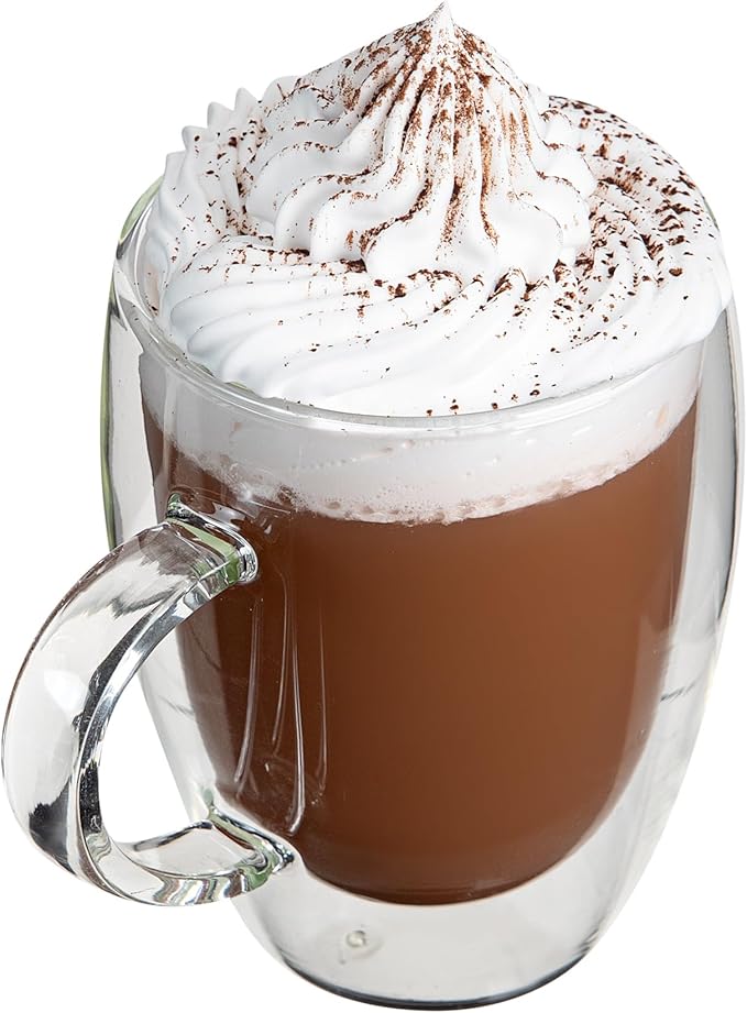 Restaurantware-Forma Professional 11.8 Ounce Glass Coffee Cups, 2 Insulated Coffee Cups With Handle - Dishwashable, Reusable, Clear Double Wall Beverage Tumblers, Freezable, For Hot Or Cold Beverages