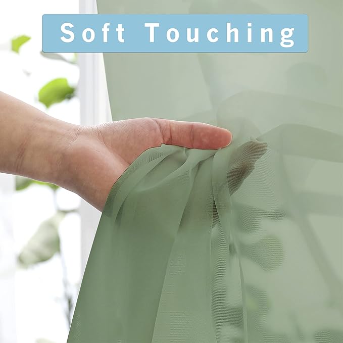 Sheer Curtains 90 Inches Long 2 Panels Set, Sage Green Sheer Curtains Rod - Image 5