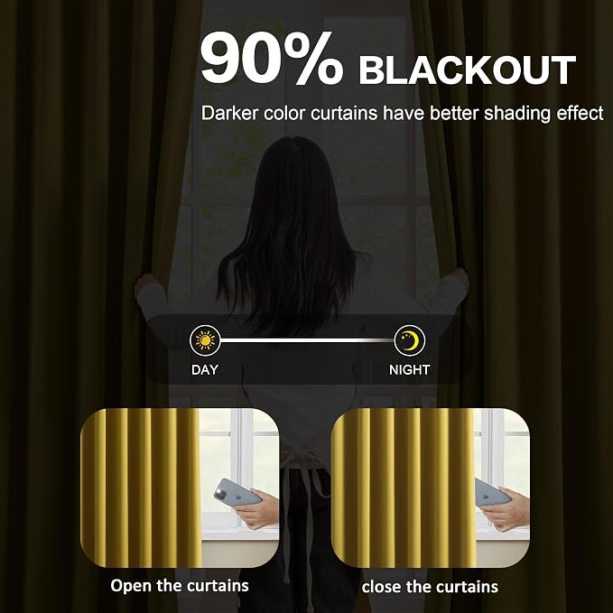Yellow Pinch Pleated Curtains 90 Inch Length 2 Panels Set Noise Cancelling - Image 3