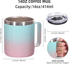 Volhoply 14oz Insulated Stainless Steel Coffee Mug with Lid Bulk 4 Pack,Double Wall Vacuum Travel Coffee Cup with Handle,Reusable Cups Tumbler,Camping Mugs Keep Hot,Ideal Gifts(Green Pink,4)