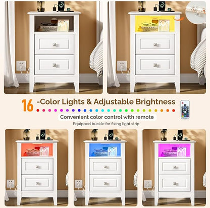 Bonnlo White Night Stand with Charging Station, Led Nightstand White Wood - Image 5