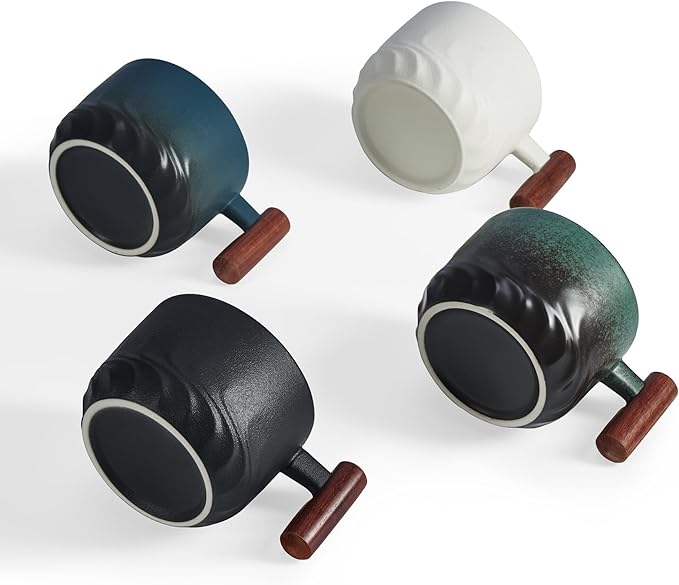 6 Oz Ceramic Espresso Mugs with Wooden Handle, Demitasse Cups for Double Shot Latte Cappuccino Lungo Tea Bag Beverage, Espresso Cups Set of 4