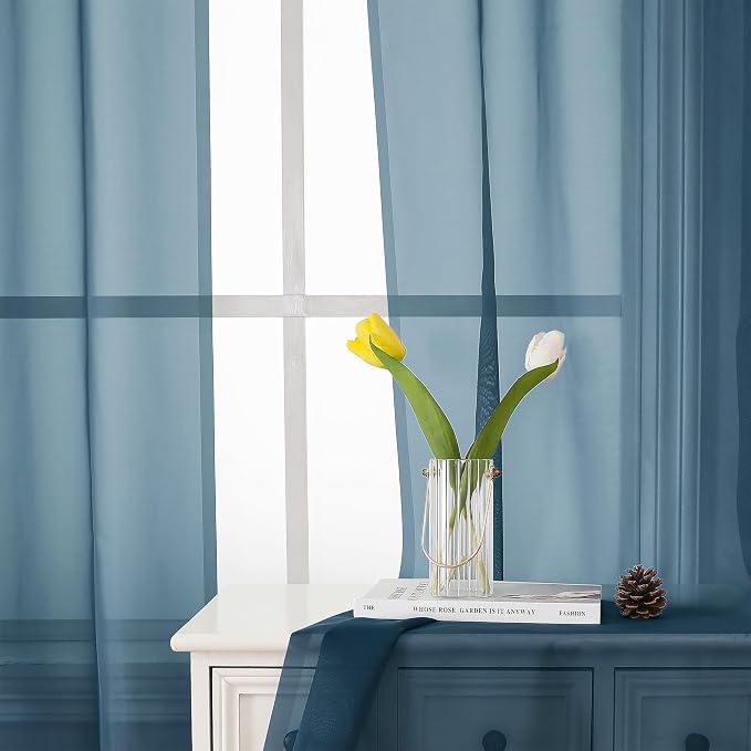 Dusty Blue Sheer Curtains 63 Inch Length 2 Panels, Light Filtering Voile - Image 4