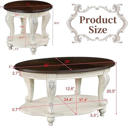 LKTART Oval Coffee Tables Set of 3, Vintage Wood Coffee Table - Image 3