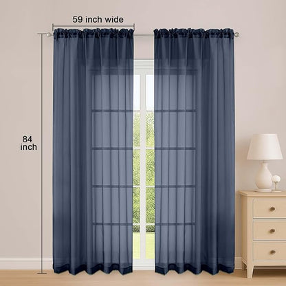 Sheer Curtains 84 Inches Long 2 Panels Set, Sheer Navy Blue Curtains - Image 2