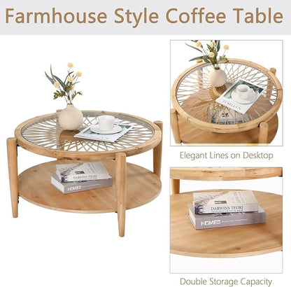 RUSTOWN Rattan Coffee Tables, 2-Tier Round Boho Cocktail Tables, Mid Century - Image 7