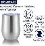 DOMICARE Stainless Steel Wine Tumbler Bulk with Lid, Personalized Insulated Tumblers Set, 12oz Travel Coffee Cups Pack of 8, ss steel