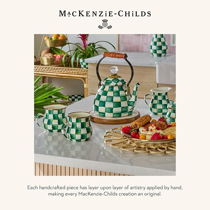 MACKENZIE-CHILDS Enamel Tea Kettle, Stylish Tea Kettle for Stovetop, Green-and-White Emerald Check, 3 Quarts