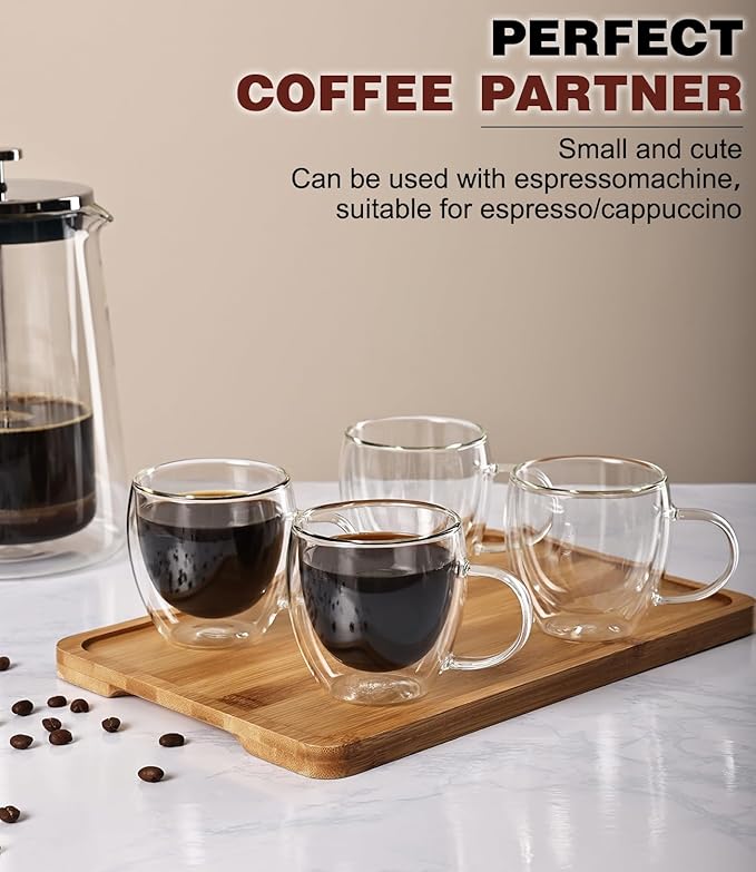 OJA Espresso Cups Set of 2, Hand Blown 5OZ Double Wall Glass Mugs with Handle Perfect for Cappuccino, Latte, Tea, Clear Glass Espresso Shot Cups Suitable for Coffee Machine