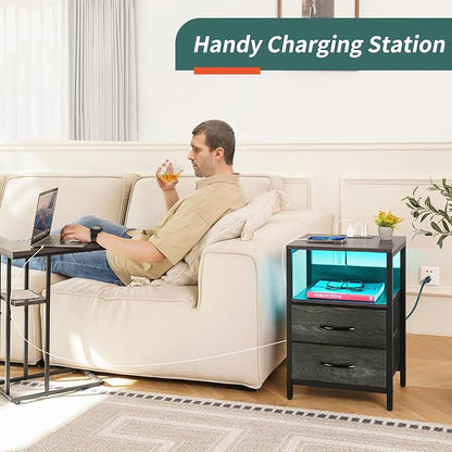 Yoobure Nightstand with Charging Station, LED Night Stand with Fabric Drawers - Image 4