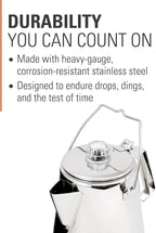 GSI Outdoors Percolator Coffee Pot I Glacier Stainless Steel Ultra-Rugged for Brewing Coffee Over Stove and Fire | Ideal for Group Camping, 8 Cup