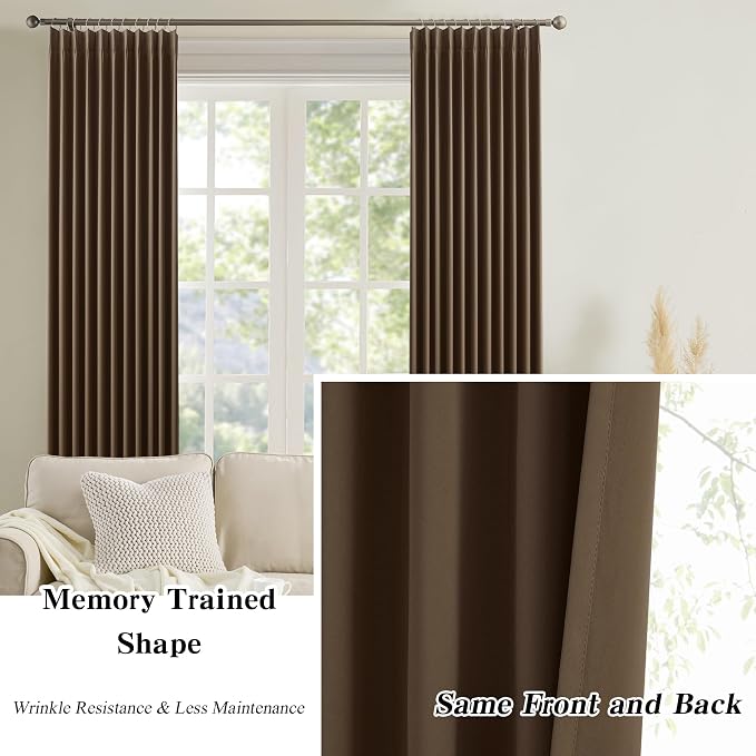 Brown Pinch Pleated 60 Inch Wide Curtains 60 x 90, Thermal Insulated Noise - Image 6