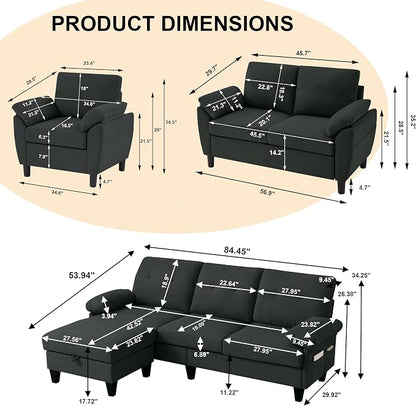 84" Convertible Sectional Sofa Set, 3 Seat L Shaped Couch - Image 2