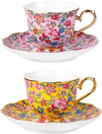 KAMMAK Tea Cups and Saucers Set of 2, Porcelain Coffee Cups with Saucer for Espresso, Cappuccino, 6.3oz Vintage Pink and Yellow Ceramic Demitasse Mug for Home, Tea Party, Office