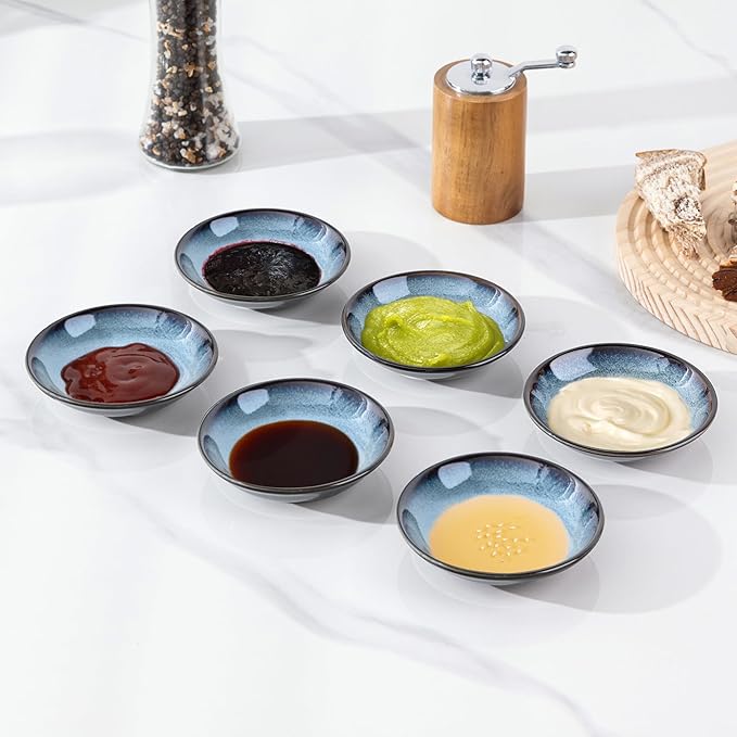 LERATIO Ceramic Soy Sauce Dishes of 6, Reactive Glaze Dipping Sauce Cups/Bowls/Dishes for Kitchen, 3oz Ceramic Small Bowls for Side Dishes, Appetizers, Snacks, and Sushi,Condiment,Dishwasher Safe