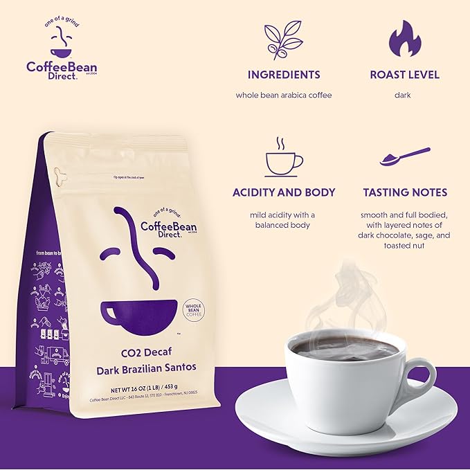 Coffee Bean Direct CO2 Decaf Dark Brazilian Santos, Whole Bean Coffee, Dark Roast, 1 Pound Bag (Pack of 1)