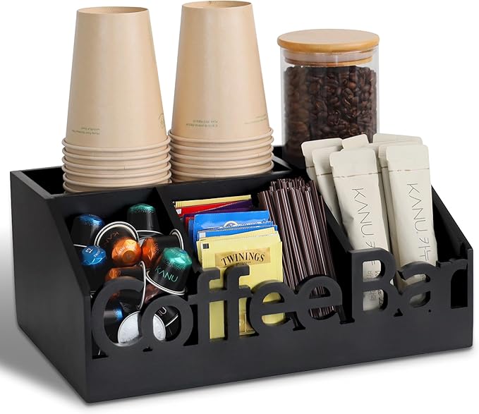 Coffee Bar Organizer for Countertop – Wooden Coffee and Tea Station Caddy with Tray for Pods, Cups, Condiments, and Accessories – Kitchen or Office Counter Storage (Medium Size -Black)