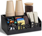 Coffee Bar Organizer for Countertop – Wooden Coffee and Tea Station Caddy with Tray for Pods, Cups, Condiments, and Accessories – Kitchen or Office Counter Storage (Medium Size -Black)