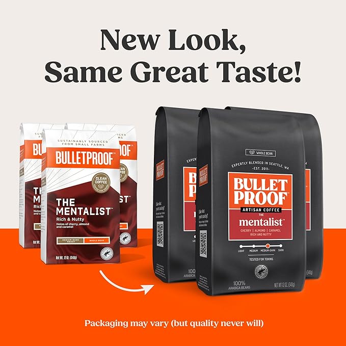 Bulletproof The Mentalist Medium-Dark Roast Whole Bean Coffee, 12 Ounces (Pack of 3), Clean Coffee Tested for Toxins, Packaging May Vary