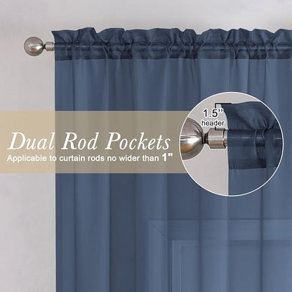 Navy Blue Sheer Curtains 45 Inch Long 2 Panels, Short Voile Drapes - Image 2