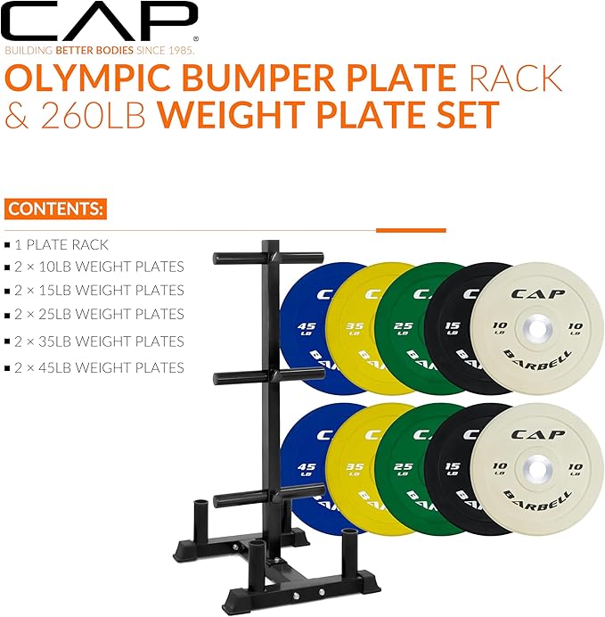 CAP Barbell 2-Inch Olympic Bumper Plate Weight Set with 6 Post Rack | 100-370 lbs | Multiple Options