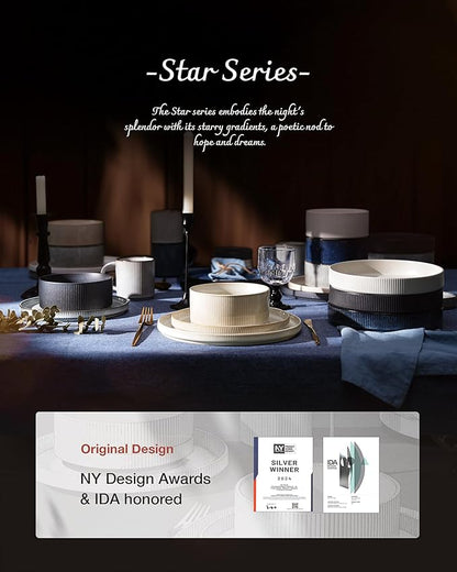 famiware Star 8.25" Pasta Bowls, Large Dinner Bowls Set of 6, Salad Bowl Plates, Shallow Bowls for Eating, Matte Dark Charcoal (Full Glaze)