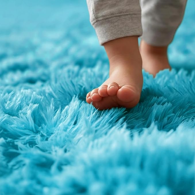 Amdrebio Blue Round Fluffy Shag Area Rug 5Ft - Image 4