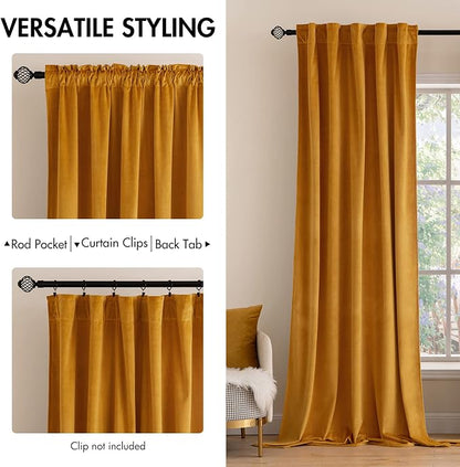MIULEE Velvet Blackout Curtains 52x72 inches 2 Panels Mustard Yellow | Luxury - Image 2