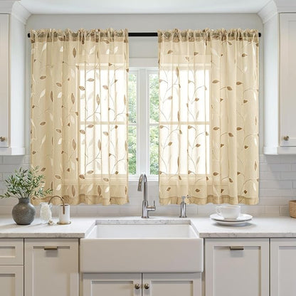 MIULEE Beige Sheer Curtains 2 Panels Embroidered Leaf Patterned, W52 x L54 | - Image 2