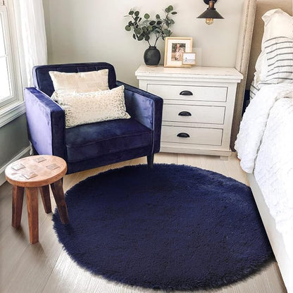 Amdrebio Dark Navy Blue Round Fluffy Area Rug 5Ft - Image 5