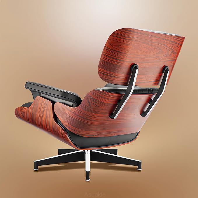 Top Black Grain Leather, Mid Century Chaise Lounge Chair and Ottoman, Modern - Image 8