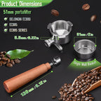 51mm 3 Ear Portafilter for DeLonghi EC680/EC685/EC885 - Stainless Steel Dual Spout Handle with Precision Basket,Siam Rosewood Grip