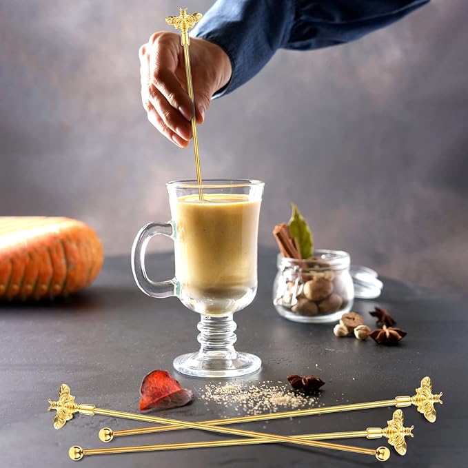 4Pcs Bumble Bee Cocktail Stirrers Swizzle Sticks Stainless Steel 7.5" Coffee Beverage Stir Sticks with Gold Decor Top for Mixing Cocktail, Hot Cocoa, Creamer