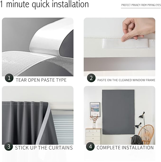 Blackout Curtains with Self Adhesive Tape No Rod No Drill Easy Install Window - Image 3