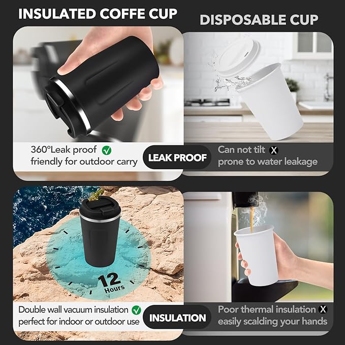 Volhoply 12 oz Double Wall Insulated Vacuum Travel Coffee Mug with Flip Lid,Reusable Stainless Steel Leak Proof Coffee Cup,Portable Iced Cafe Thermal Tumbler Suitable for Hot&Cold Drinks(Black,1 Set)