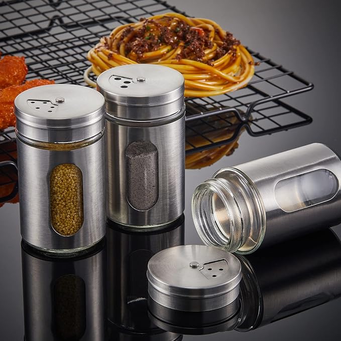 Dandat 12 Pcs Salt and Pepper Shakers Stainless Steel Spice Shakers with Adjustable Pour Holes and Glass Window 3.4oz Salt Dispenser Spice Jars with Rotating Lids for Sugar Seasoning Home