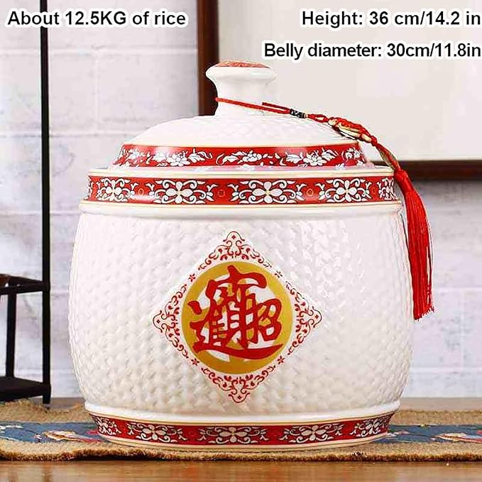 Chinese Sealed Large-Capacity Rice Pot, Ceramic Rice Bucket With Tassel Design, Grain Storage Ceramic Container, Rice Dispenser Airtight Storage Bucket For Grains Snacks Candy Coffee Beans Food(A,Capa